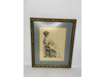 BLACK AND WHITE SKETCH OF A WOMEN SITTING ON A CHAIR, SIGNED, 15X19 INCHES