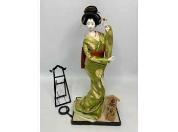 JAPANESE COLLECTOR DOLL WITH GREEN DRESS WITH ACCESSORIES & BOX