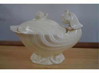 WHITE PORCELAIN JAR WITH SNAIL DECORATION JAR WITH LID!! 8IN HEIGHT!!
