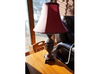 ANTIQUE WOOD LAMP WITH RED SHADE!! 26IN HEIGHT!!