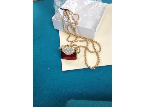Savvy By Swarovski Red Enamel Handbag Necklace .. Never Worn With Tags
