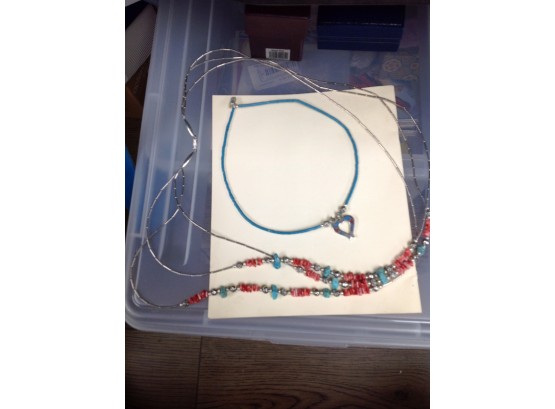 2 Necklaces With Beads And One With Turquoise