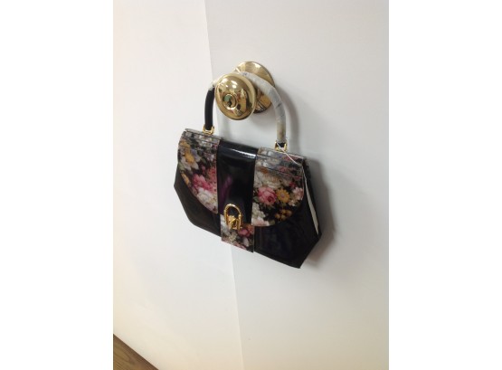 Black Handbag With Flowered Panel Design With Tag