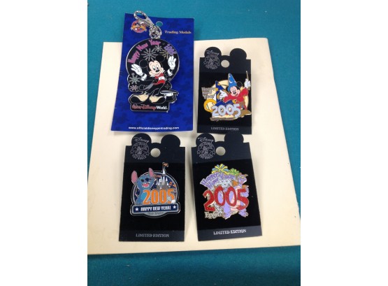 3 Disney 2005 Happy New Year Limited Edition Pins And A Mickey Keychain