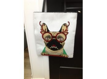 White Sequined Handbag On Front With A Dog Wearing Glasses. Still Has Tag