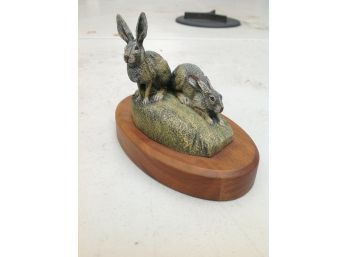 The Hamilton Collection 1977- 2 Hand Painted Rabbits On A Wooden Base