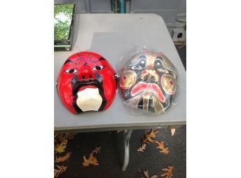 2 Hand Painted Paper Mch Asian Masks