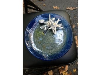 Artist Made Blue Glass Plate With Sea Shells