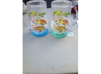 2 Plastic Frosty Mugs With Fish .. Never Used With Tags