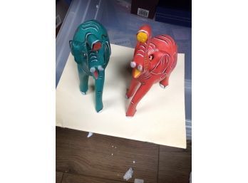 2 Hand Painted Wooden   Elephants With Their Trunks Up