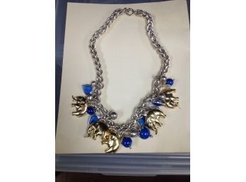 Silver Chain With Silver And Blue Beads With Gold Elephants And Blue Hearts