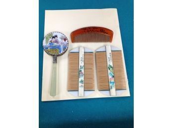 3 Wooden Asian Combs & 1 Porcelain Hand Mirror