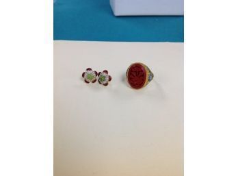 Vintage Cinnabar Flower Carved Ring With Enamel Earrings