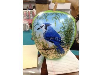 Artist Made And Hand Painted Apple Shaped Gourd With Blue Jay