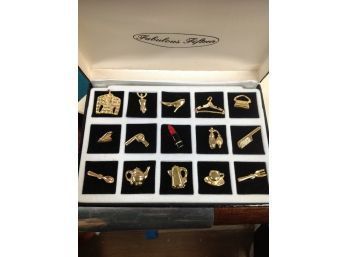 Vintage Box Of  15 Lapel Pins In A Black Box
