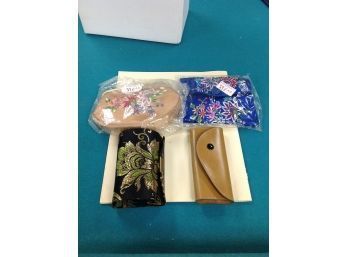 Lot Of Silk Embroidered Change Purses, Key Case & Mirrored Lipstick Case