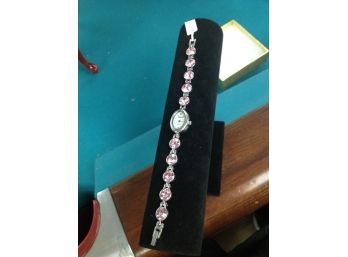 Decorative Woman's Watch With Pink Crystals And Stainless Steel Back-Never Worn