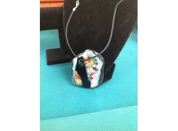 Handmade Glass Pendant With Multi Colored Flowers And Black Cord From Europe