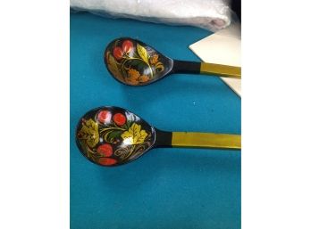 Hand Painted Wooden Spoons In Black , Gold, Green & Red With Berries Design