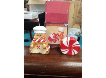 Never Used- Pair Of Salt & Pepper Shakers/ Gingerbread & Peppermint In Box