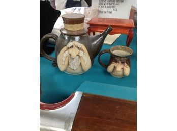 Artist Made Tea Pot And Tea Cup - Both Have A Mans Face
