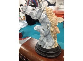 Beautiful Handcarved Stone Horses On Metal Base-Signed