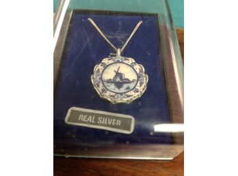 Real Silver Delft Plate Necklace From The 1990's- Never Worn In Box