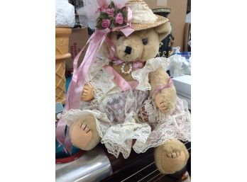 Jointed Teddy Bear Wearing Lace, Pearls And A Bonnet