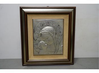 FRAMED RELIGIOUS MARY ICON FOILED IN STERLING .925 SILVER, SIGNED, 15X17 INCHES