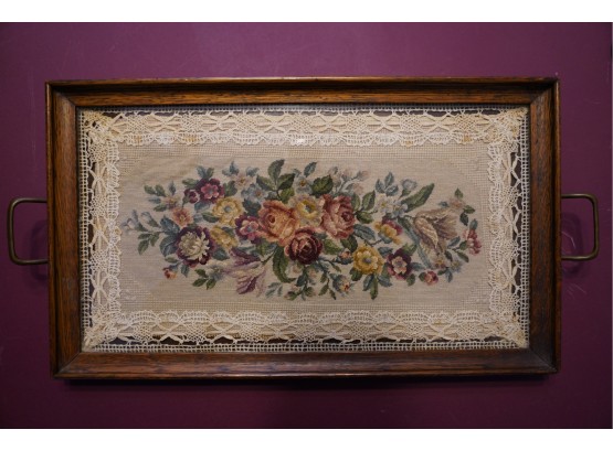 ANTIQUE GLASS TOP WOOD TRAY WITH NEEDLE POINT DECORATION, 23X12 INCHES