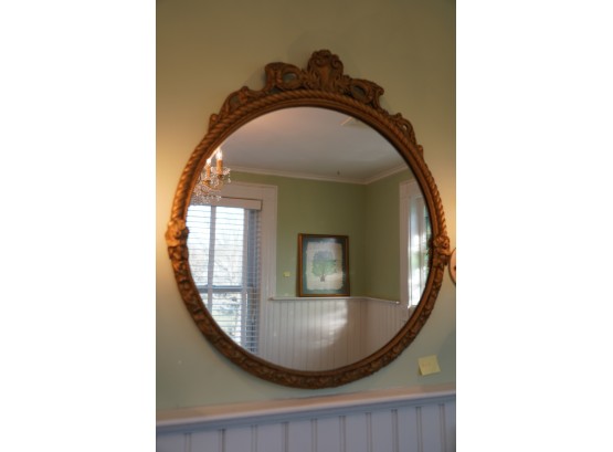 ANTIQUE ROUND WOOD FRAME MIRROR GOLD COLORED, 26X30 INCHES