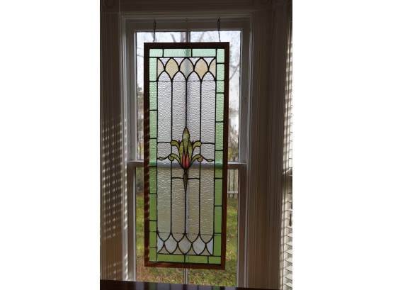 ANTIQUE VICTORIAN STAIN GLASS WINDOW FRAMED WITH 2 CHAINS ATTACHED, 18.5X50 INCHES