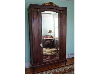 ANTIQUE TALL SOLID WOOD ARMOIRE WITH MIRROR DOORS