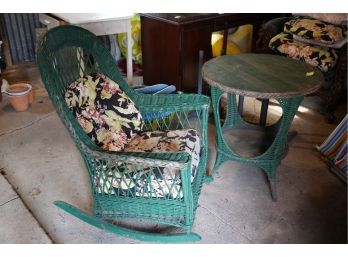 GREEN WICKER STYLE SET, COMES WITH CHAIR AND SIDE TABLE
