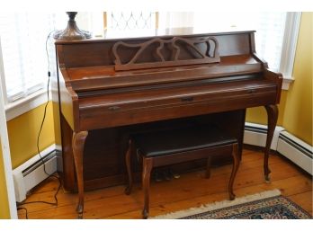 ANTIQUE WORKING KIMBALL WALL PIANO WITH PIANO BENCH.