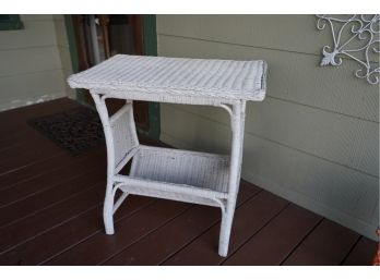 WHITE WICKER STYLE SIDE TABLE WITH MAGAZINE STORAGE,  24X25 INCHES
