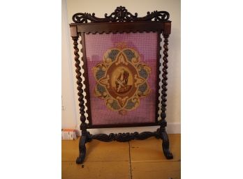 ANTIQUE WOOD FIREPLACE SCREEN WTH NEEDLEPOINT DECORATION, 26X40 INCHES