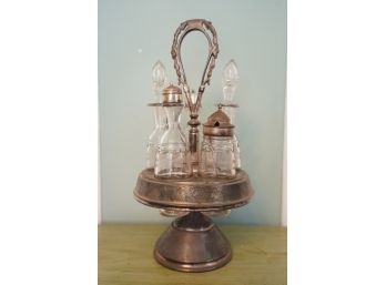 ANTIQUE SILVER PLATED CRUET CONDIMENT CADDY , 14IN HEIGHT