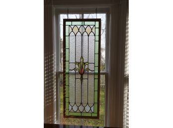ANTIQUE VICTORIAN STAIN GLASS WINDOW FRAMED WITH 2 CHAINS ATTACHED, 18.5X50 INCHES