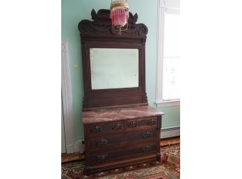 ANTIQUE WOOD 4 DRAWERS WALNUT ROSE MARBLE TOP DRESSER WITH ATTACHED MIRROR AND MARBLE TOP!