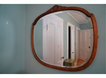 ANTIQUE ROUND WOOD MIRROR, CHECK ALL PHOTOS, 30X28 INCHES