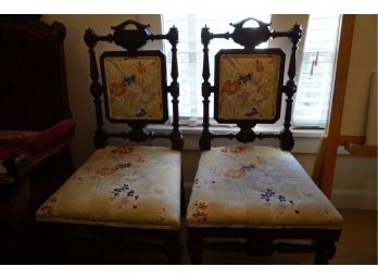 PAIR OF VICTORIAN ANTIQUE WOOD CHAIRS WITH FRONT WHEELS,