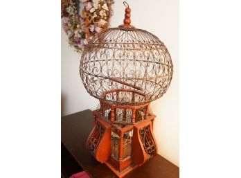 ANTIQUE WOOD AND METAL BRID CAGE,  28IN HEIGHT