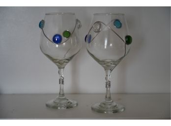 PAIR OF WINE GLASES WITH STONE DECORATIONS, 8IN HEIGHT