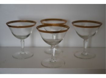 LOT OF 4 MID-CENTURY GOLD RIM WINE GLASSES, 4IN HEIGHT
