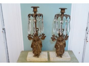 ANTIQUE BRASS METAL CANDLE HOLDERS, 13X5 INCHES