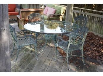 CAST ALUMINUM 55 INCH GLASS TOP ROUND TABLE WITH 4 CHAIRS