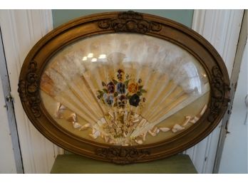 ANTIQUE WOOD FRAME WITH FAN DECORATION, SMALL DAMAGED ON FRAME,  23X17 INCHES