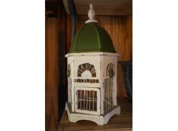 OUTDOOR GREEN AND WHITE WOOD WITH METAL BIRD CAGE