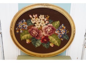 NEEDLE POINT OF FLOWERS HANGING DECORATION WITH WOOD FRAME, FRAME HAS SMALL DAMAGED! 20IN LENGTH
